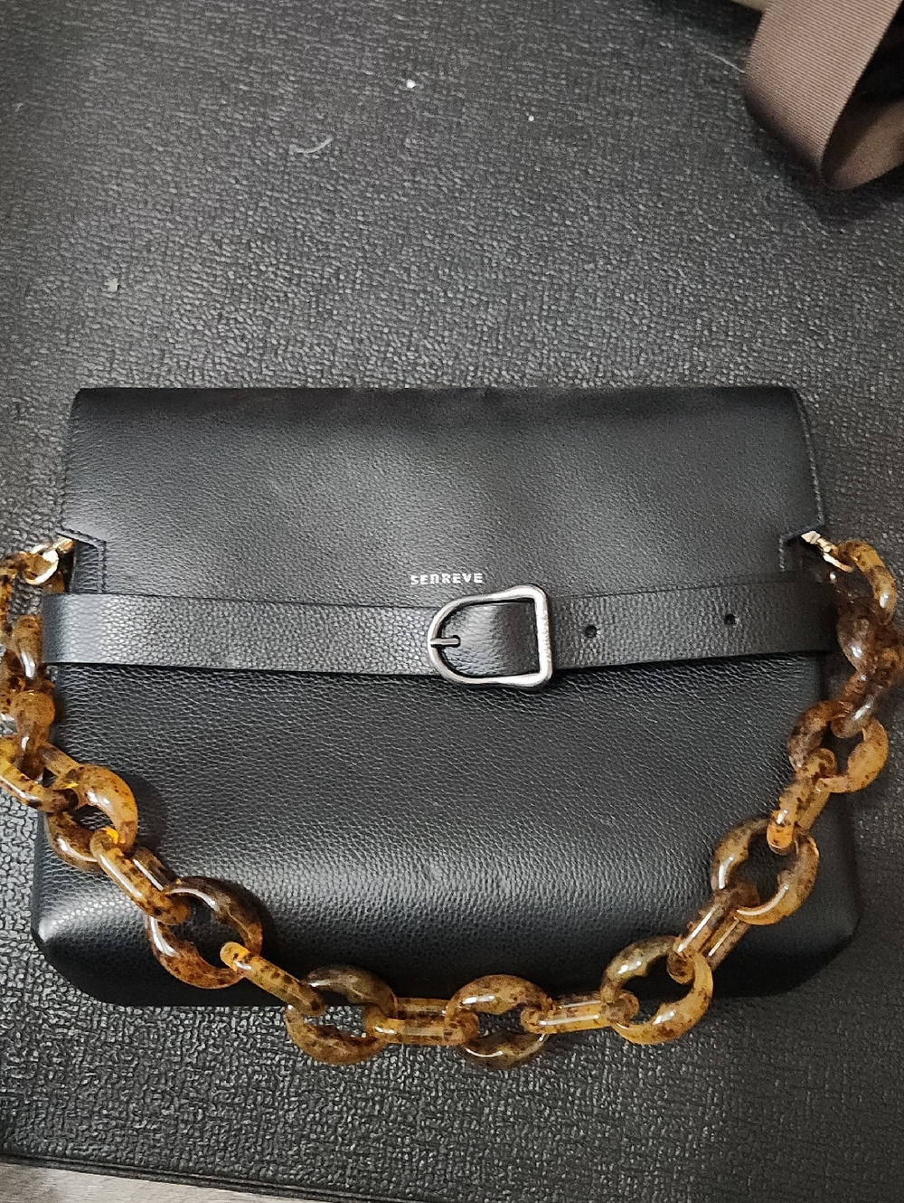 Senreve Black Leather Belt Bag with Amber Tortoiseshell Chain